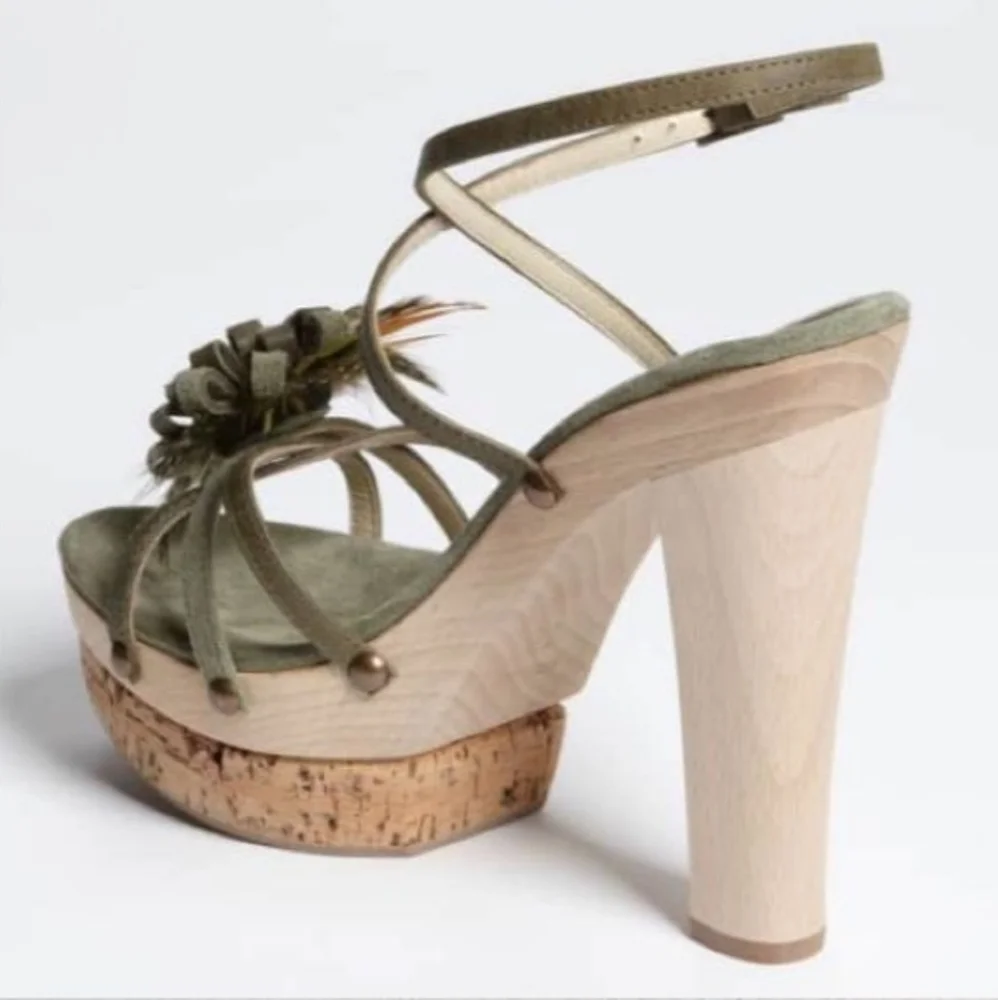Olive Green Floral Cork Platform Sandals